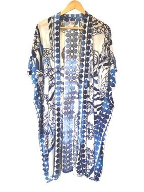 CHICO’S Calm Blue Knit Filigree Burnout Goddess Long Ruana Kimono Size S/M
